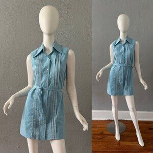 Vintage 70s Blue Button Lace Dagger Collar Mini Dress S/M